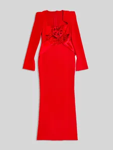 Detailed close-up of elegant red long sleeve bandage evening dress with 3D flower and feathers