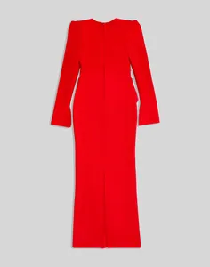Back view of a vibrant red long sleeve bandage maxi dress with slit for evening parties