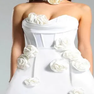 Elegant white strapless bandage dress with 3D floral accents for weddings and parties