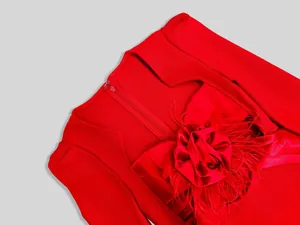 Close-up of elegant red bandage dress with satin floral and feather chest detail.