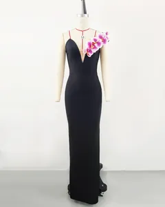 Elegant black bandage evening dress featuring floral one-shoulder detail and deep V-neckline.