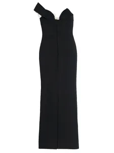 Full back view of an elegant black one-shoulder flower bandage maxi evening dress