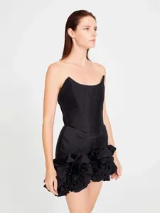 Elegant black strapless bandage mini dress with 3D floral hem for cocktail parties