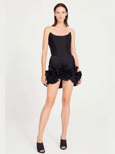 Elegant black strapless mini dress with oversized dimensional flower ruffles for party