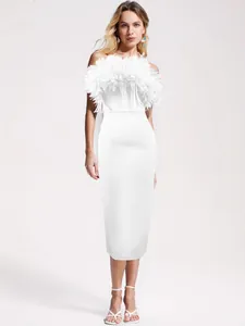 Vestido de Vendaje Elegante con Flores 3D para Mujer Blanco Vestido de Noche Ajustado para Boda Fiesta Sexy Sin Mangas