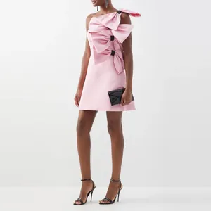 Women Sweet Barbie Pink Satin One Shoulder Dress Large Bow Decorative Bodycon Mini Party Dress For Christmas Banquet
