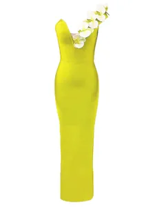 Elegant lime green one-shoulder bandage maxi dress featuring decorative white orchid flowers