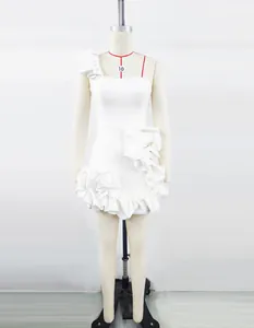 Detailed view of an elegant white one-shoulder ruffle mini dress for party on mannequin