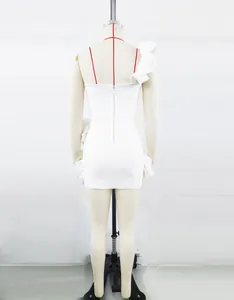 Back view of an elegant white ruffle puff mini dress on a mannequin for party events