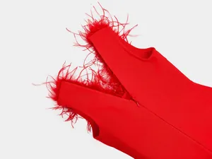 Λεπτομέρεια κόκκινου φορέματος bandage με φτερά στρουθοκαμήλου και πίσω φερμουάρ