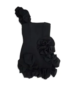Elegant black one-shoulder mini dress featuring dramatic 3D floral ruffles for parties