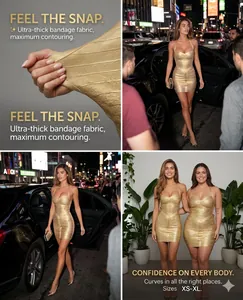 Detail of thick gold bandage dress showing fabric texture and fit on different body types.