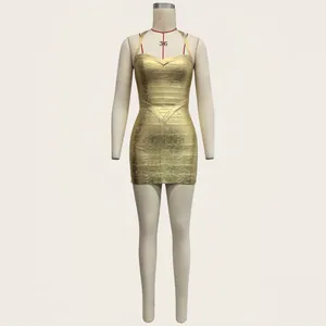 Detailed front view of a sexy gold metallic bandage mini dress displayed on a mannequin