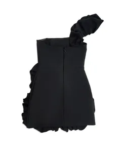 Elegant black one-shoulder ruffle mini dress with a bubble hem and back zipper