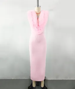 Elegant pink long bandage dress featuring a unique textured ruffled V-neck collar detail.