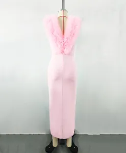 Detailed back view of an elegant pink bandage maxi dress with ruffled gauze V-neck collar