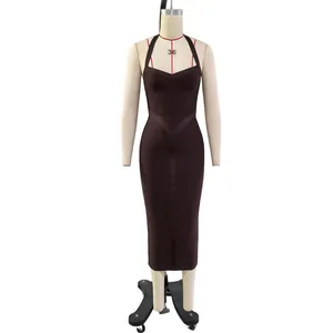 Full front view of a wine red halter sweetheart bandage midi dress on a mannequin