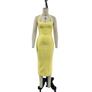 Yellow halter bandage dress for formal events shown on a professional mannequin.