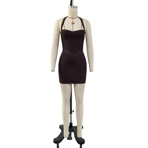 Professional front view of a dark brown halter neck bandage mini dress displayed on a mannequin