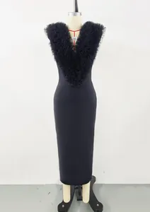 Elegant black long bandage dress with ruffle mesh V-neckline on mannequin.