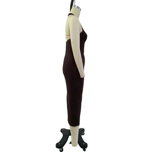 Side view of wine red halter bandage dress showing figure-hugging fit and texture