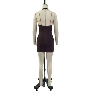 Back view of a chocolate brown bodycon bandage mini dress shown on a studio mannequin