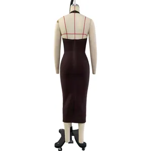 Back view detail of a deep burgundy bodycon bandage midi dress displayed on a mannequin.