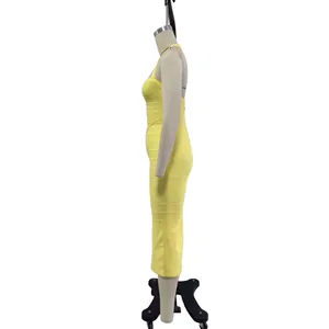 Side view of a lemon yellow halter bandage dress on a mannequin with slim fit design.