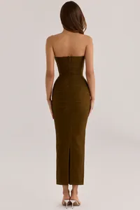 Elegant back view of an olive green glitter strapless bandage evening gown with a slit