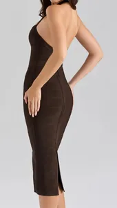 Macro detail of a dark brown bandage midi dress with halter neck and backless design