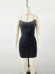 Elegant black bandage mini dress with sparkling rhinestone details for party wear
