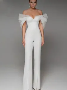 Women Off Shoulder Jumpsuit Elegant Organza Puff Sleeve Bandage Bodycon Wide Leg Romper Sophisticated Summer Evening Party Jumpsuit