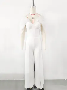 Elegant white off-shoulder bandage jumpsuit with sheer organza puff sleeves for women
