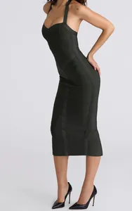 Side view of elegant dark green halter bandage dress with a sweetheart neckline.