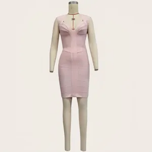 Detailed view of pink V-neck sleeveless bandage party dress on mannequin stand