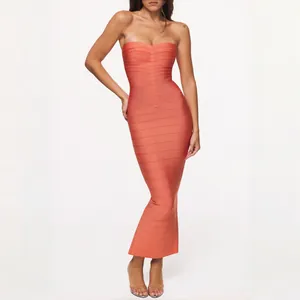 Elegant strapless sweetheart neck bodycon bandage maxi dress in coral for evening party.
