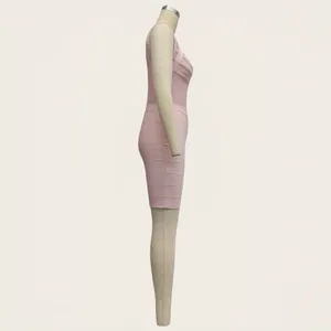 Side profile of pink sleeveless V-neck bandage knit party dress on a mannequin