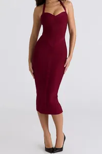 Front view detail of the burgundy bandage dress highlighting the sweetheart neckline