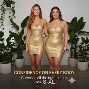 Metallic Gold Halter V-Neck Bandage Dress Sexy Bodycon Backless Mini Dress For Women Night Club Party Banquet Dress