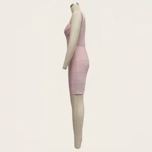 Side profile of a pink sleeveless V-neck knit bandage dress shown on a mannequin.
