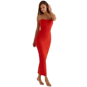 Elegant red strapless sweetheart neck bandage long dress for formal evening parties