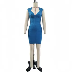 Elegant blue sparkly bandage dress for women, displayed on a professional mannequin