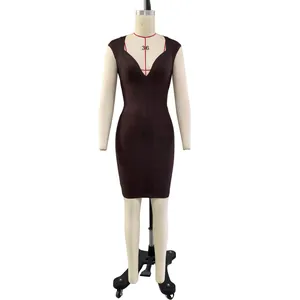 Detailed front view of a dark brown high-elasticity bandage bodycon dress on a mannequin