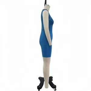 Side view of a blue glitter bandage dress on a mannequin showing the form-fitting silhouette