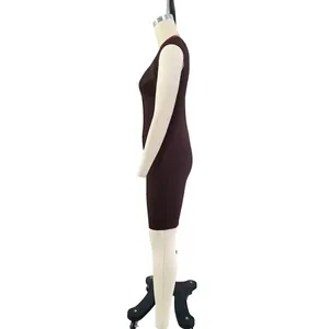 Detailed side view of a dark brown sleeveless bandage bodycon mini dress on a mannequin