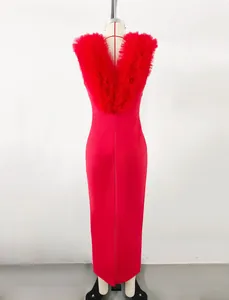 Elegant red bodycon evening dress featuring ruffled tulle V-back detail shown on mannequin