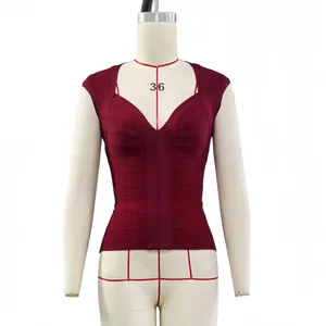Detailed front view of a burgundy deep V-neck bandage vest on a tailor mannequin