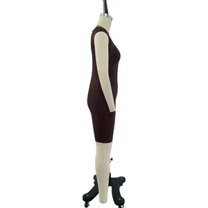 Detailed side view of a dark brown sleeveless bodycon bandage mini dress on a mannequin
