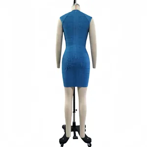 Rear view of a sparkling sea blue bodycon bandage mini dress on a professional mannequin
