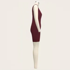Side profile of a classic sleeveless burgundy bandage dress displayed on a mannequin